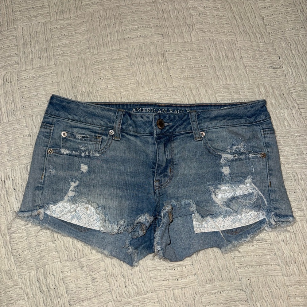 American Eagle Outfitters Women's Light Blue Ripped Jean Shorts